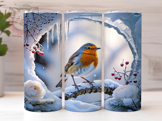 Robin Winter Icy 20oz Tumbler, Robin Bird, Winter Theme, Icy Pattern, Nature Motif, Whimsical Charm, Skinny Tumbler, Sublimation PNG Sublimation Lara' s Designs 