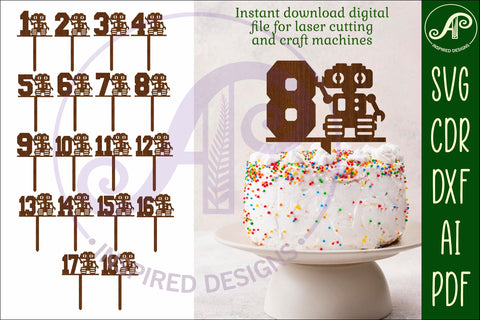 Robot personalized number cake toppers, 18 designs SVG SVG APInspireddesigns 