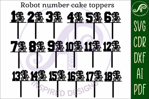 Robot personalized number cake toppers, 18 designs SVG SVG APInspireddesigns 