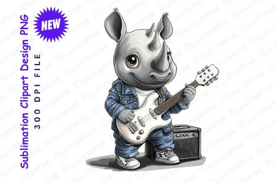 Rock And Roll Rhino Plays Guitar Clipart Png Sublimation Regulrcrative 