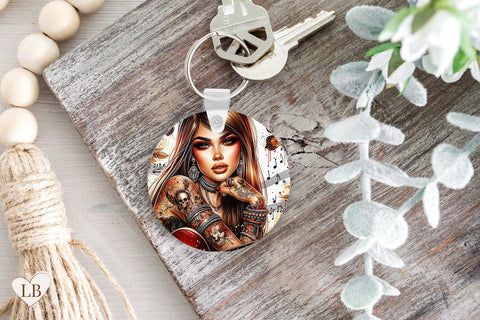 Rock Chick Keychain Sublimation, Pin Up Key Ring PNG Sublimation BijouBay 
