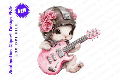 Rocker kitten playing pink electric guitar clipart Sublimation Regulrcrative 