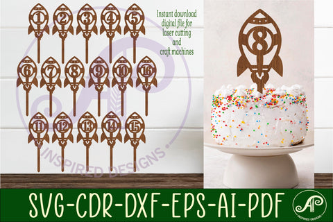 Rocket number cake toppers, 16 designs SVG laser cut SVG APInspireddesigns 