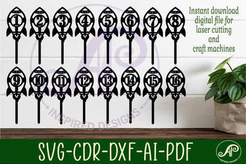 Rocket number cake toppers, 16 designs SVG laser cut SVG APInspireddesigns 