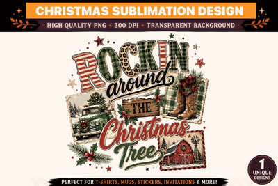 Rockin’ Around the Christmas Tree PNG | Christmas Sublimation Design | Vintage Christmas Truck & Boots PNG | Western Holiday Shirt Design | 300 DPI Sublimation BlackCatsMedia 