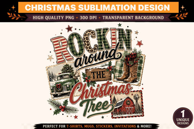 Rockin’ Around the Christmas Tree PNG | Christmas Sublimation Design | Vintage Christmas Truck & Boots PNG | Western Holiday Shirt Design | 300 DPI Sublimation BlackCatsMedia 