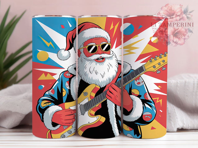 Rockin’ Guitar Santa Christmas Tumbler, Musical Christmas Wrap, Rockin’ Santa Sublimation, Festive Guitar Cup, 20Oz Skinny Tumbler Wrap, Holiday Music Mug, Jolly Santa Design Sublimation Li Zamperini 