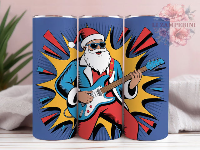 Rockin’ Guitar Santa Christmas Tumbler, Musical Christmas Wrap, Rockin’ Santa Sublimation, Festive Guitar Cup, 20Oz Skinny Tumbler Wrap, Holiday Music Mug, Jolly Santa Design Sublimation Li Zamperini 