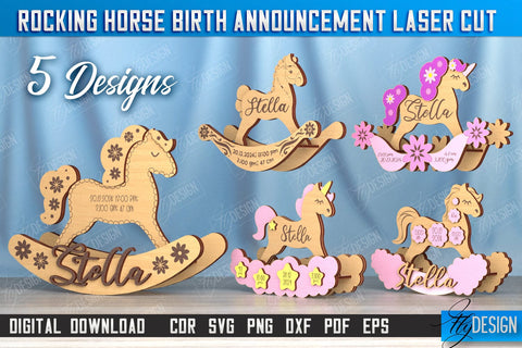 Rocking Horse Birth Announcement Bundle | Newborn | New Baby | Personalized Gift | CNC Files SVG Fly Design 