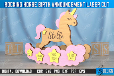 Rocking Horse Birth Announcement | Newborn | New Baby | Personalized Gift | CNC File SVG Fly Design 