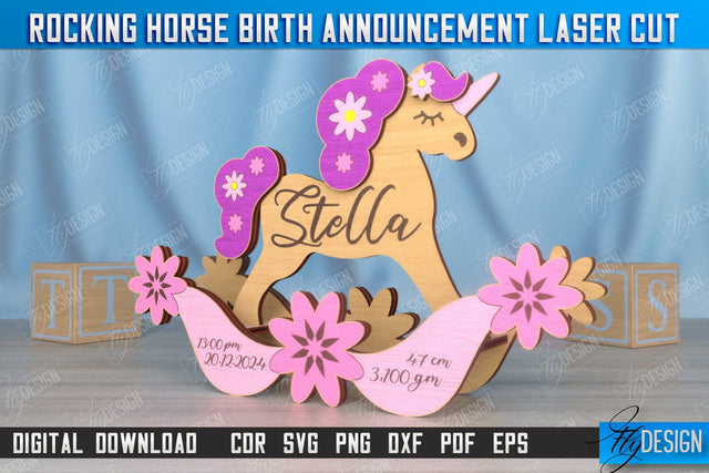 Rocking Horse Birth Announcement | Newborn | New Baby | Personalized Gift | CNC File SVG Fly Design 