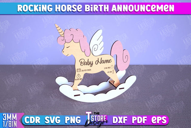 Rocking Horse Birth Announcement | Newborn | New Baby | Personalized Gift | CNC File SVG The T Store Design 