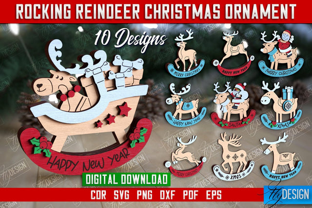 Rocking Reindeer Christmas Ornaments Bundle | Holiday Decorations | Gift Idea | CNC Files SVG Fly Design 