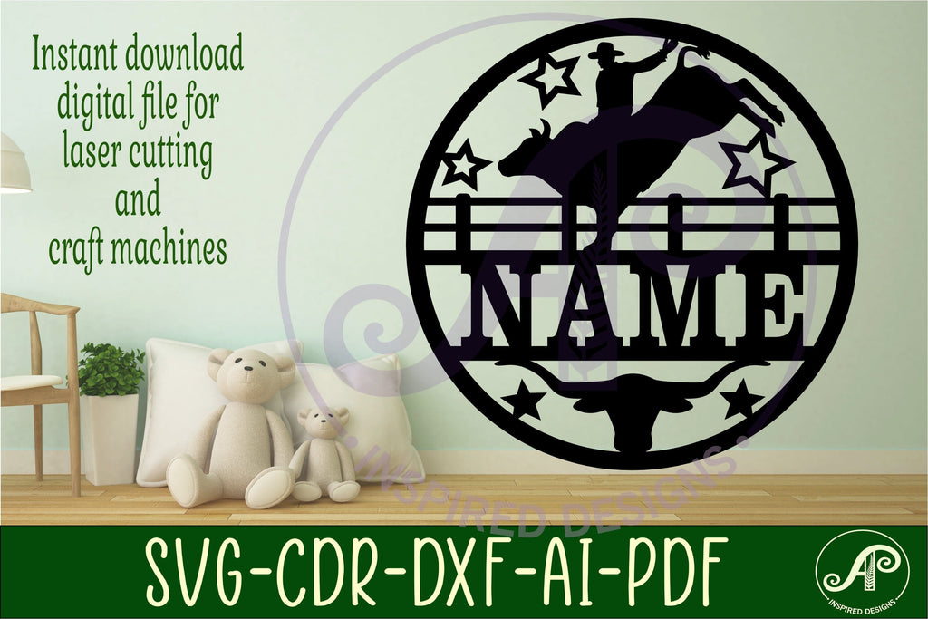 Rodeo Bull rider name sign svg laser cut template - So Fontsy