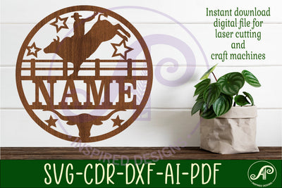 Rodeo Bull rider name sign svg laser cut template SVG APInspireddesigns 