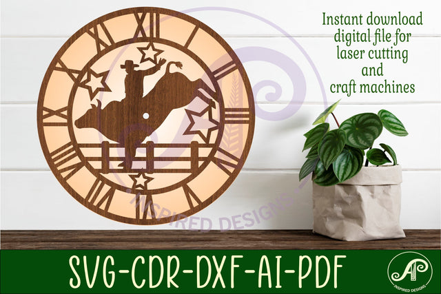 Rodeo bull rider wall clock laser cut files, SVG file. SVG APInspireddesigns 