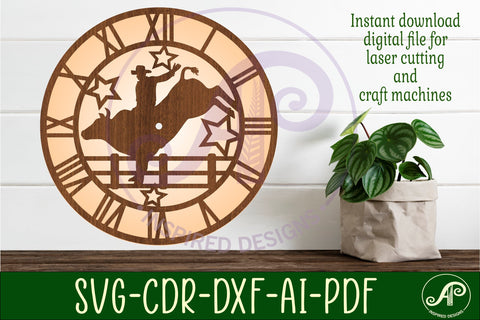 Rodeo bull rider wall clock laser cut files, SVG file. SVG APInspireddesigns 