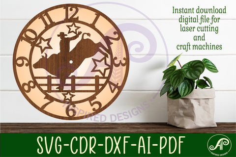 Rodeo bull rider wall clock laser cut files, SVG file. SVG APInspireddesigns 