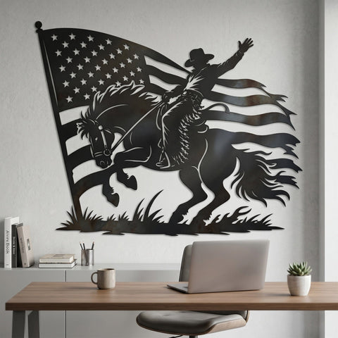 Rodeo Cowboy Horse American Flag Laser SVG | Western Metal Wall Art DXF | Plasma CNC Cut File | Bucking Horse Rodeo Silhouette SVG HappyDesignStudio 