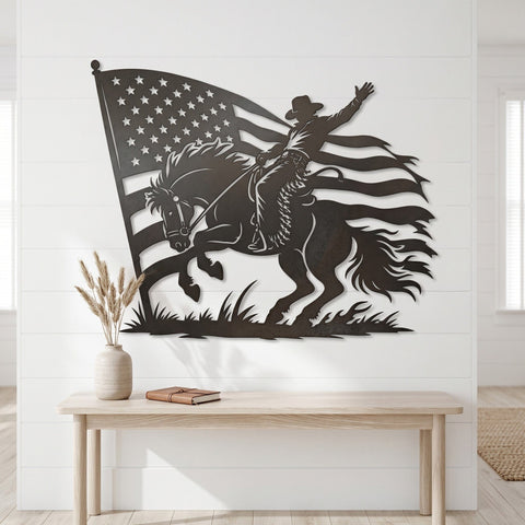 Rodeo Cowboy Horse American Flag Laser SVG | Western Metal Wall Art DXF | Plasma CNC Cut File | Bucking Horse Rodeo Silhouette SVG HappyDesignStudio 