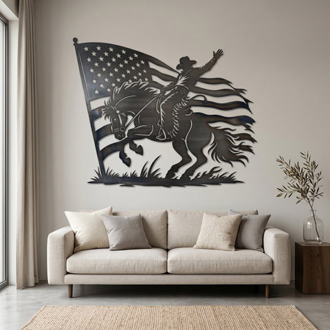 Rodeo Cowboy Horse American Flag Laser SVG | Western Metal Wall Art DXF | Plasma CNC Cut File | Bucking Horse Rodeo Silhouette SVG HappyDesignStudio 