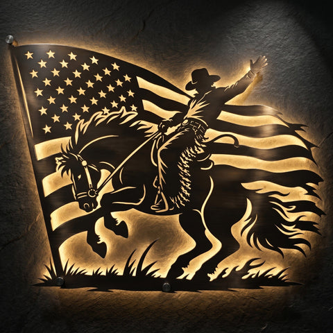 Rodeo Cowboy Horse American Flag Laser SVG | Western Metal Wall Art DXF | Plasma CNC Cut File | Bucking Horse Rodeo Silhouette SVG HappyDesignStudio 