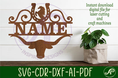 Rodeo long horn design name sign svg laser cut SVG APInspireddesigns 