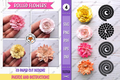 Rolled Flowers SVG, 3D Flowers Paper Cut, Flowers Template 3D Paper Digital Craftyfox 