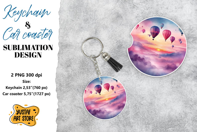 Romance Keychain & Car coaster sublimation. Hot air balloon Sublimation Yustaf Art Store 