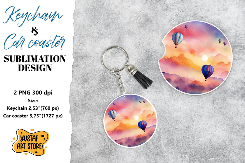 Romance Keychain & Car coaster sublimation. Hot air balloon Sublimation Yustaf Art Store 