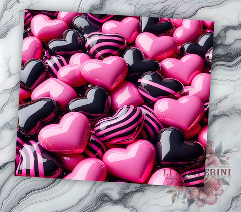 Romantic 3D Hearts Pink & Black Tumbler, Pink and Black Design, 20oz Tumbler, Heart Sublimation Art, Romantic Tumbler Decor, Cute Drinkware Design, Valentine’s Day Tumbler Sublimation Li Zamperini 