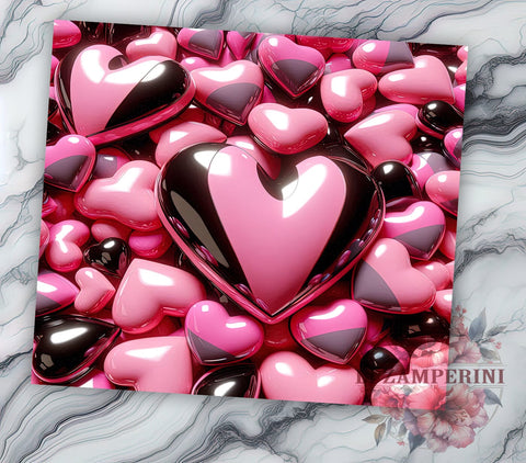 Romantic 3D Hearts Pink & Black Tumbler, Pink and Black Design, 20oz Tumbler, Heart Sublimation Art, Romantic Tumbler Decor, Cute Drinkware Design, Valentine’s Day Tumbler Sublimation Li Zamperini 