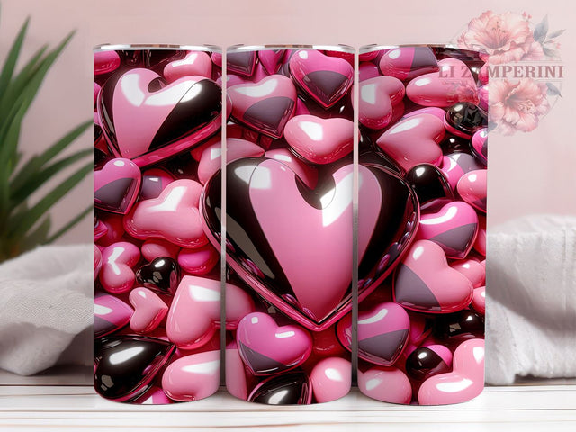 Romantic 3D Hearts Pink & Black Tumbler, Pink and Black Design, 20oz Tumbler, Heart Sublimation Art, Romantic Tumbler Decor, Cute Drinkware Design, Valentine’s Day Tumbler Sublimation Li Zamperini 