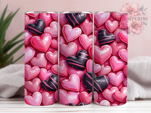 Romantic 3D Hearts Pink & Black Tumbler, Pink and Black Design, 20oz Tumbler, Heart Sublimation Art, Romantic Tumbler Decor, Cute Drinkware Design, Valentine’s Day Tumbler Sublimation Li Zamperini 