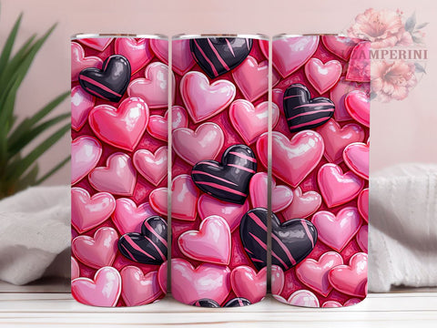 Romantic 3D Hearts Pink & Black Tumbler, Pink and Black Design, 20oz Tumbler, Heart Sublimation Art, Romantic Tumbler Decor, Cute Drinkware Design, Valentine’s Day Tumbler Sublimation Li Zamperini 