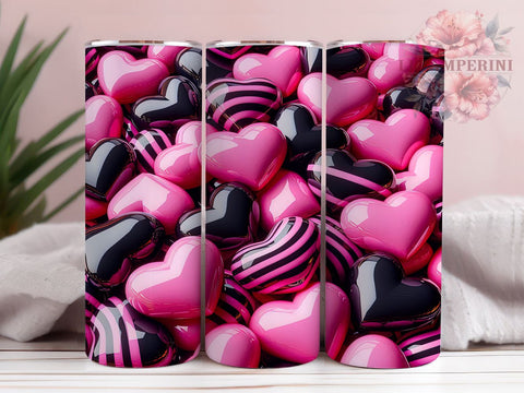 Romantic 3D Hearts Pink & Black Tumbler, Pink and Black Design, 20oz Tumbler, Heart Sublimation Art, Romantic Tumbler Decor, Cute Drinkware Design, Valentine’s Day Tumbler Sublimation Li Zamperini 