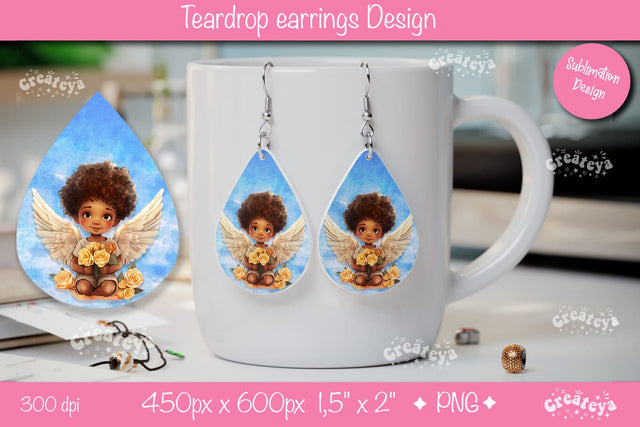 Romantic Angel Watercolor Earrings – Valentine’s Teardrop PNG Design Sublimation Createya Design 