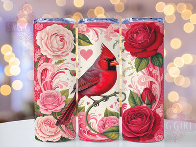 Romantic Cardinal Floral Tumbler, Valentine Bird Pattern, Romantic Cardinal Design, 20Oz Sublimation Wrap, Floral Heart Art, Love Bird Texture, Tumbler Sublimation Sublimation SvggirlplusArt 