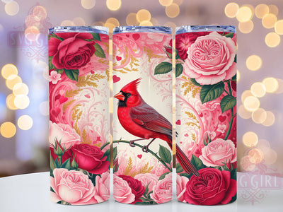 Romantic Cardinal Floral Tumbler, Valentine Bird Pattern, Romantic Cardinal Design, 20Oz Sublimation Wrap, Floral Heart Art, Love Bird Texture, Tumbler Sublimation Sublimation SvggirlplusArt 