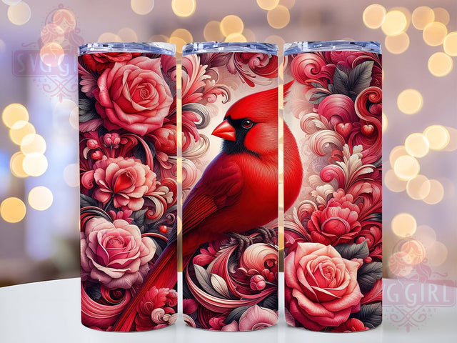 Romantic Cardinal Floral Tumbler, Valentine Bird Pattern, Romantic Cardinal Design, 20Oz Sublimation Wrap, Floral Heart Art, Love Bird Texture, Tumbler Sublimation Sublimation SvggirlplusArt 