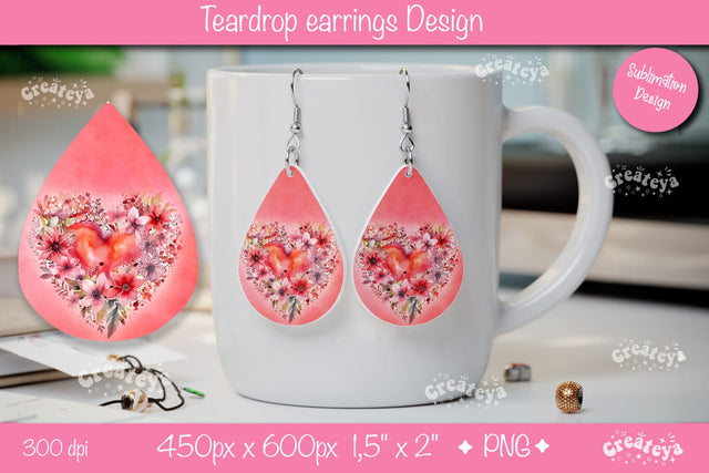 Romantic Floral Teardrop Earrings – Heart Sublimation Valentine PNG Sublimation Createya Design 