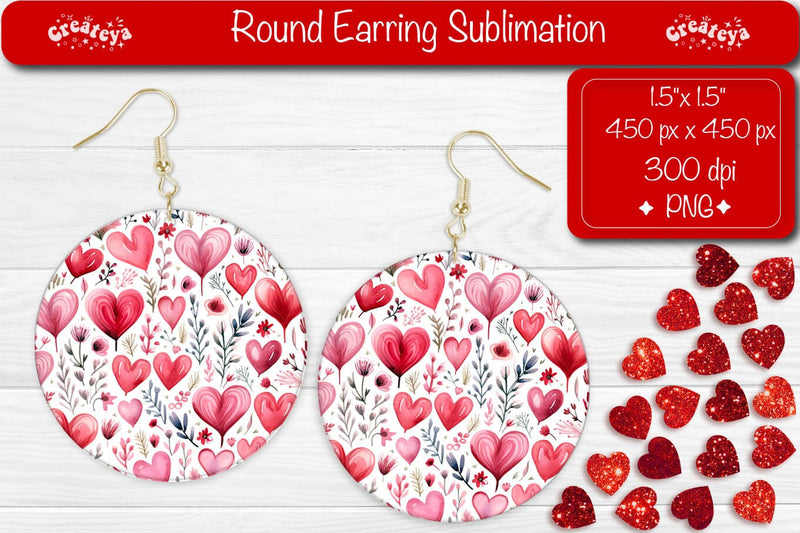 Romantic Flower Hearts Earrings – Round Valentine Sublimation Sublimation Createya Design 