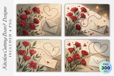 Romantic Heart-Shaped Trail with Red Flowers and Envelope Cutting Board Sublimation Regulrcrative 