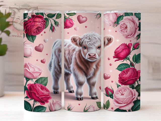 Romantic Highland Cow Tumbler, Romantic Cow Roses Wrap, Farm Animal Love Cup, 20oz Sublimation Wrap, Cute Highland Cow Design Tumbler, Rustic Valentine Floral Cup, Country Romance Sublimation Lara' s Designs 