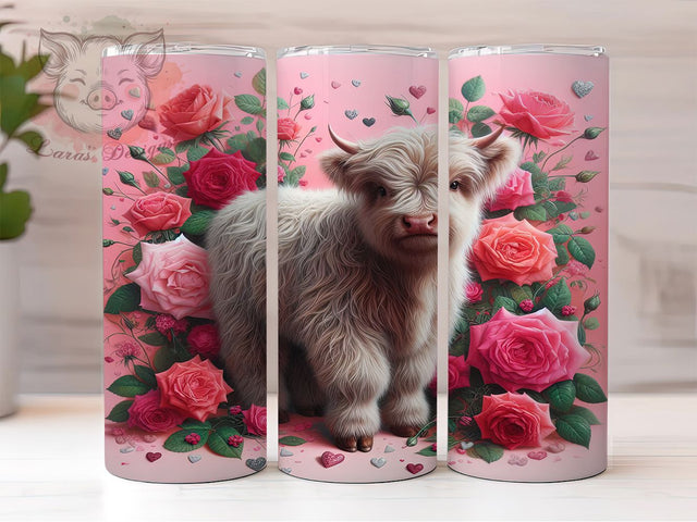 Romantic Highland Cow Tumbler, Romantic Cow Roses Wrap, Farm Animal Love Cup, 20oz Sublimation Wrap, Cute Highland Cow Design Tumbler, Rustic Valentine Floral Cup, Country Romance Sublimation Lara' s Designs 