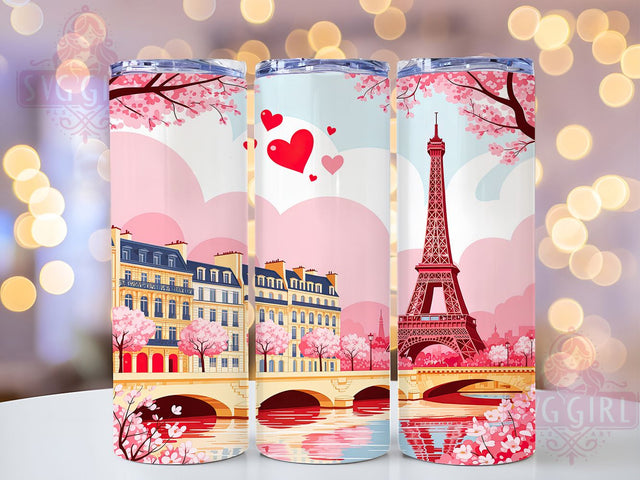 Romantic Paris Valentine Tumbler, Eiffel Tower Hearts Pattern, Romantic Paris Design, 20Oz Sublimation Wrap, Love in Paris Art, Cute Valentine Texture, Tumbler Sublimation Sublimation SvggirlplusArt 