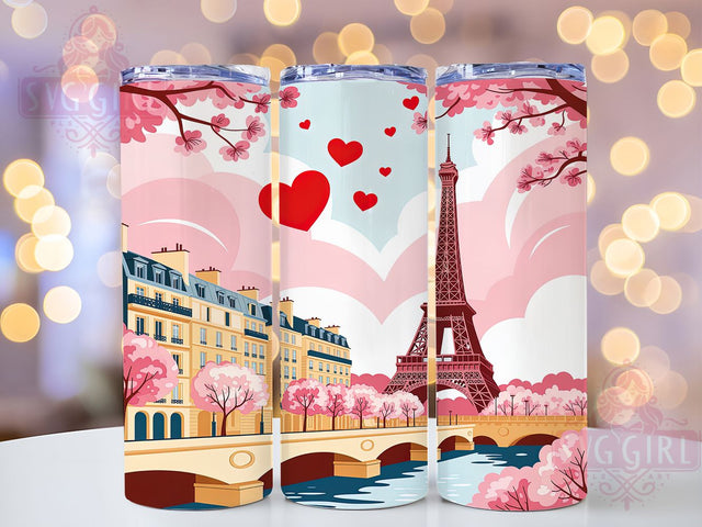 Romantic Paris Valentine Tumbler, Eiffel Tower Hearts Pattern, Romantic Paris Design, 20Oz Sublimation Wrap, Love in Paris Art, Cute Valentine Texture, Tumbler Sublimation Sublimation SvggirlplusArt 