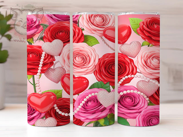 Romantic Pink Rose Heart Tumbler, Romantic Valentine Pattern, Floral Love Heart Design, 20Oz Sublimation Wrap, Sweet Rose Art, Elegant Romantic Texture, Tumbler Sublimation Sublimation Lara' s Designs 
