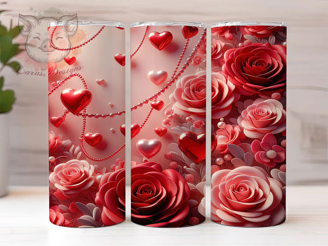 Romantic Pink Rose Heart Tumbler, Romantic Valentine Pattern, Floral Love Heart Design, 20Oz Sublimation Wrap, Sweet Rose Art, Elegant Romantic Texture, Tumbler Sublimation Sublimation Lara' s Designs 