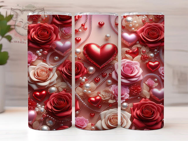 Romantic Pink Rose Heart Tumbler, Romantic Valentine Pattern, Floral Love Heart Design, 20Oz Sublimation Wrap, Sweet Rose Art, Elegant Romantic Texture, Tumbler Sublimation Sublimation Lara' s Designs 